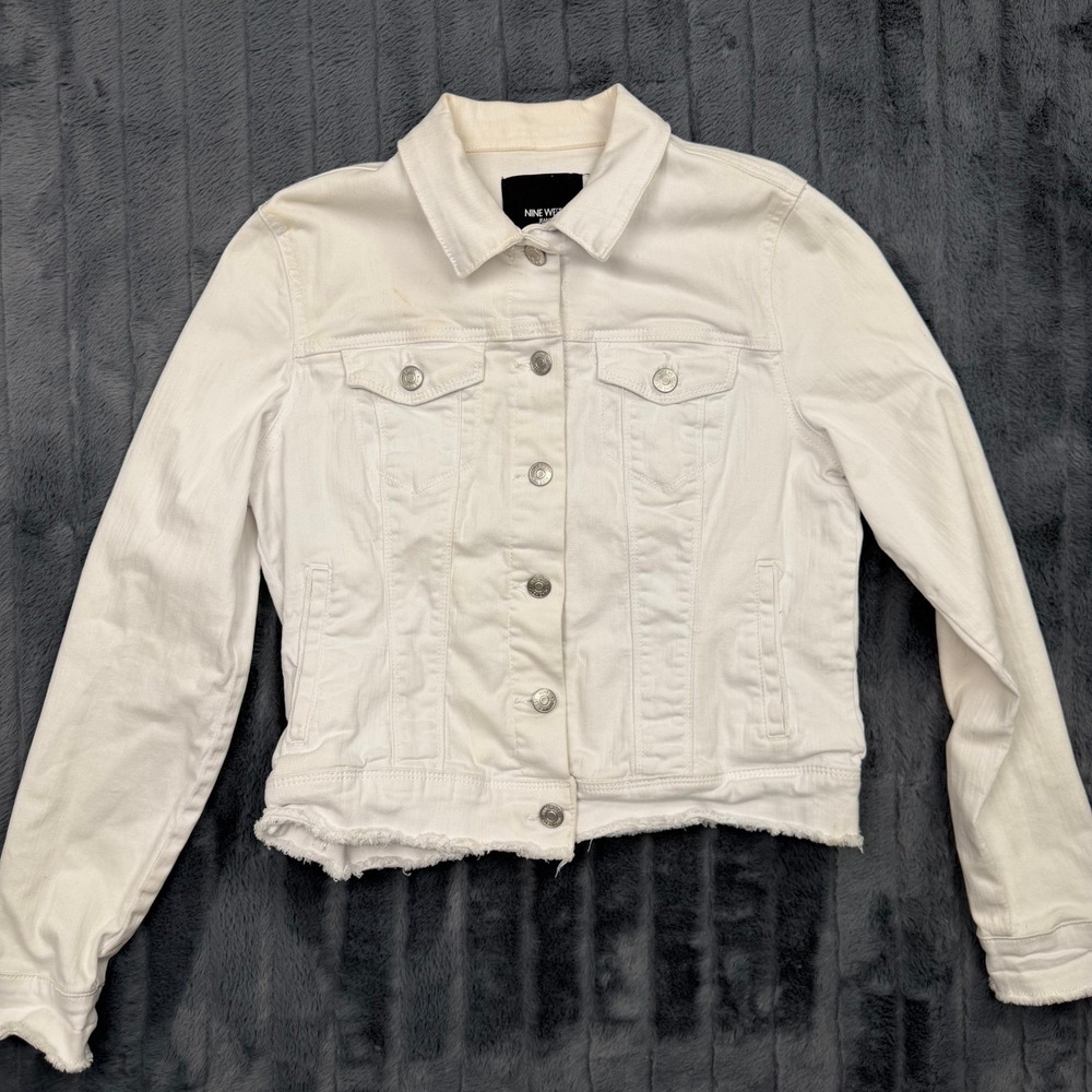 Nine West Jeans White Denim Jacket Raw Hem Cropped Trucker M